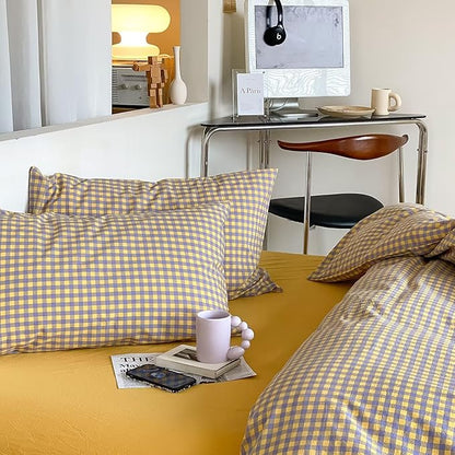 mixinni Yellow/Purple Gingham Comforter Set Queen, Plaid Comforter Set 3 Pieces 1 Vintage Grid Comfoter with 2 Pillow Cases for All Seasons, Soft Fluffy Modern Grid Pattern Printed Bedding-Queen Size