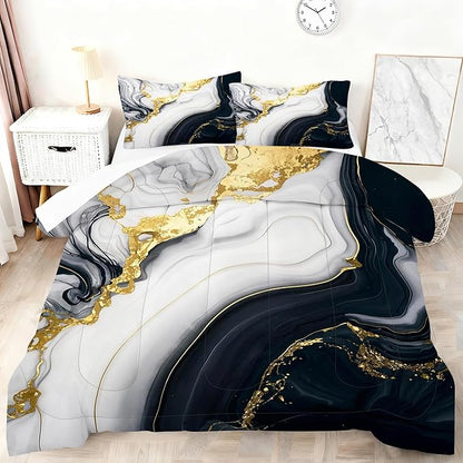 3D Marble Bedding Sets Full Size Grey White and Black Gold Bedding Set Luxury Marbling Texture Bed Set for Bedroom Decor Soft Quilt Set with 1 Comforter + 2 Pillowcases