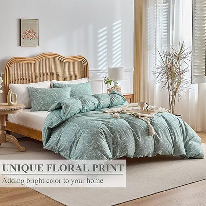Queen Comforter Set 3 Pcs Boho Floral Vintage Aesthetic Duvet Insert Bedding Set 90"X90" Comforter and 2 Pillowcases in A Bag Botanical Rustic Farmhouse Soft Lightweight Prewashed Bed Sets