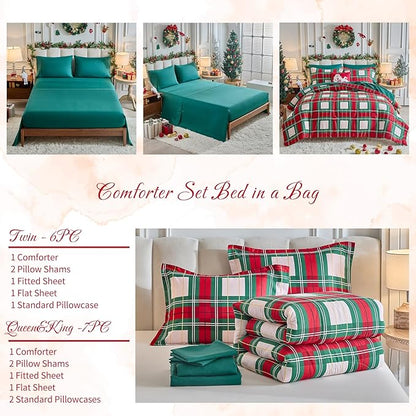 Tititada Christmas Plaid Bed in a Bag 7 Pcs King Size, Green and Red Buffalo Grid Bedding Comforter Set Warm for Winter(1 Comforter, 1 Flat Sheet, 1 Fitted Sheet, 2 Pillow Shams, 2 Pillowcases)
