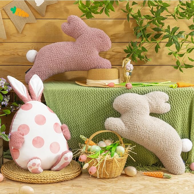 Phantoscope Happy Easter Bunny Shaped Throw Pillow, Plush Boucle Jumping Rabbit Cushion Sherpa Easter Decorative Pillow for Couch Living Room Bed, Pink, 14.5 x 21.5 inches