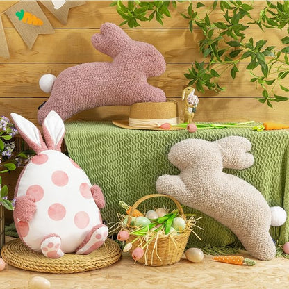 Phantoscope Happy Easter Bunny Shaped Throw Pillow, Plush Boucle Jumping Rabbit Cushion Sherpa Easter Decorative Pillow for Couch Living Room Bed, Pink, 14.5 x 21.5 inches