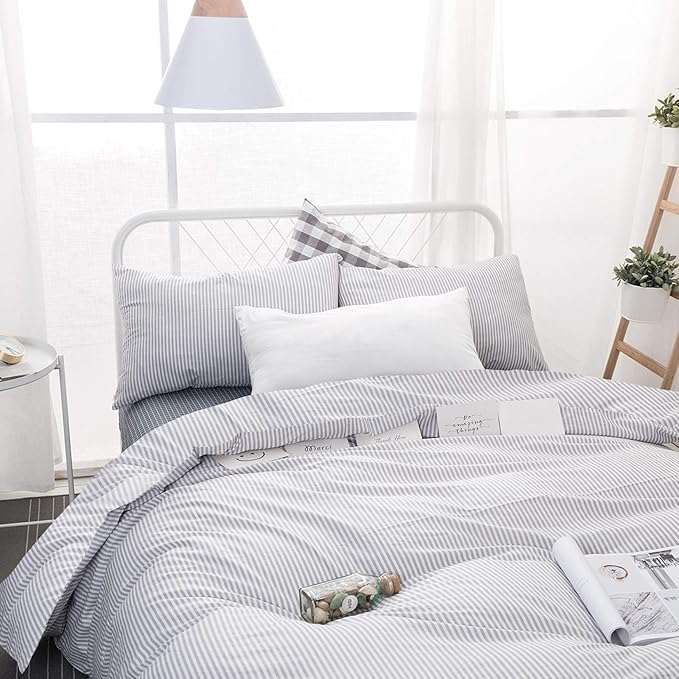 Wake In Cloud - Striped Comforter Set, 100% Cotton Fabric, Ticking Stripe Vertical Pinstripe Neutral Farmhouse Aesthetic, 3 Pieces Bedding Set, Gray, Twin/Twin XL Size
