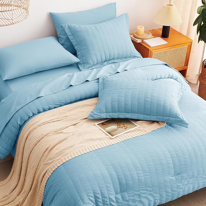 CozyLux King Size Comforter Set Sky Blue Seersucker 7 Pieces Bed in a Bag King Comforter Set with Sheets, Luxury Bedding Set with Down Alternative Comforter, Sheets, Pillowcases & Shams All Seasons