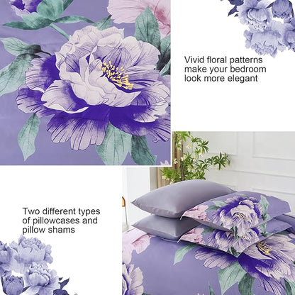 Dobuyly Floral Comforter Set Queen 7 Piece Bed in a Bag, Purple Pink Flower Comforter Set with Sheets, Soft Microfiber Botanical Flower Bedding Set for All Season