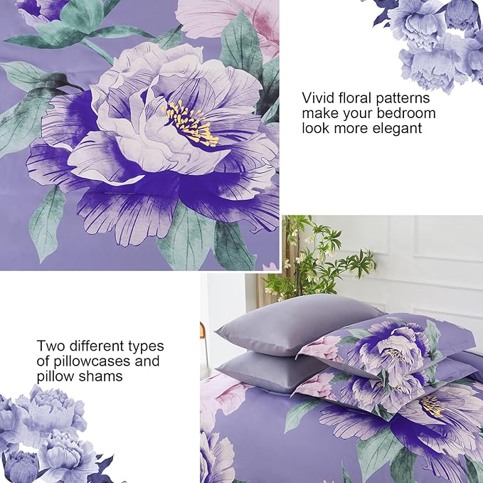 Dobuyly Floral Comforter Set King Size 7 Piece Bed in a Bag, Purple Pink Flower Comforter Set with Sheets, Soft Microfiber Botanical Flower Bedding Set for All Season