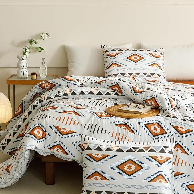Cottonight Aztec Beige and Khaki Comforter Set Queen Farmhouse Western Ethnic Bedding Comforter Set Queen Tribal Rustic Blanket Quilts Soft Breathable Bohemian Native Geometic Comforter Set, Mocha
