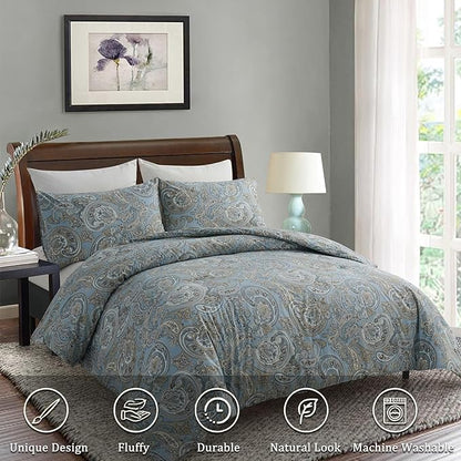 Blue Paisley Comforter Set Queen, 100% Cotton Boho Paisley Pattern Comforter Set 3 Pcs Soft Cotton Lightweight Comforter All Season Down Alternative Bedding Sets