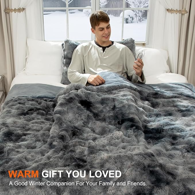 Faux Fur Electric Blanket Full Size 72"X84" - Bubble Faux Fur Heated Blanket Fluffy Soft Fuzzy with 6 Fast Heating Levels & 10 hrs Timer Settings, Washable & ETL Certified for Bed, Tie-Dye Blue