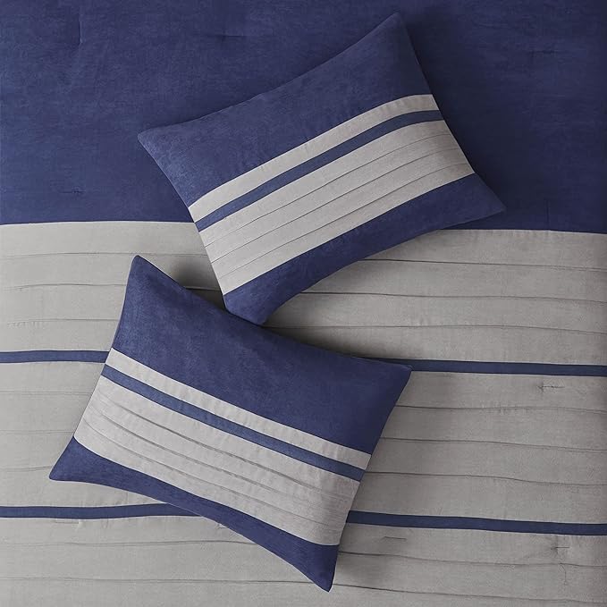 Madison Park Palmer Comforter Set-Luxury Faux Suede Design, Striped Accent, All Season Down Alternative Bedding, Matching Shams, Decorative Pillow, Bed Skirt, King (104 in x 92 in), Blue 7 Piece