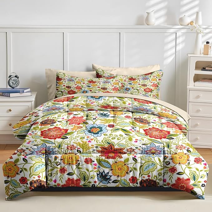 Nesker 7 Pcs Spring Comforter Set King Size, Floral Boho Bedding Set for Kids and Adults, Vibrant Leaves Bed Sheet Sets with Fitted Sheet 2 Pillowcases & 2 Shams