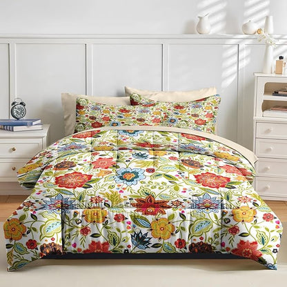 Nesker 7 Pcs Spring Comforter Set Full Size, Floral Boho Bedding Set for Kids and Adults, Vibrant Leaves Bed Sheet Sets with Fitted Sheet 2 Pillowcases & 2 Shams