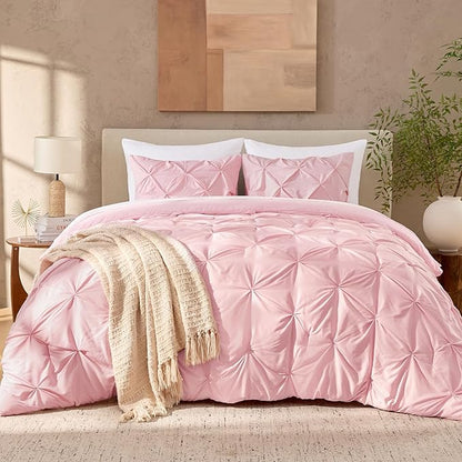 Andency Pink Comforter Set Queen(90x90Inch), 3 Pieces Soft Lightweight Cute Pinch Pleat Comforter Set for Queen Bed, All Season Western Warm Bed Set for Girls Women