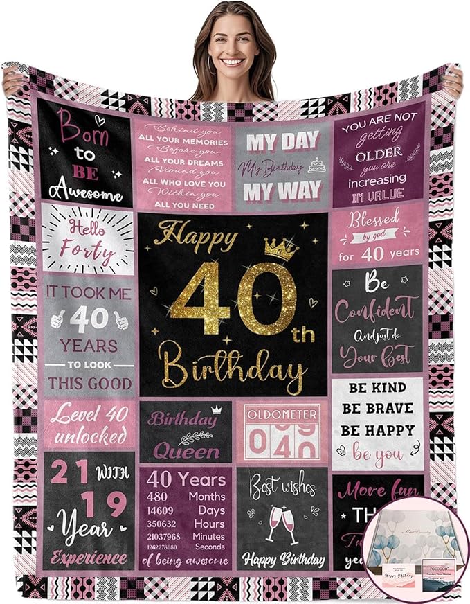40th Birthday Gifts for Women, 40th Birthday Blanket with Gift Box for Women, Gifts for 40th Birthday, Happy 40 Birthday Gift Ideas for Her, 40th Birthday Gifts Throw Blanket 60"x50"
