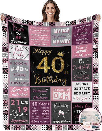 40th Birthday Gifts for Women, 40th Birthday Blanket with Gift Box for Women, Gifts for 40th Birthday, Happy 40 Birthday Gift Ideas for Her, 40th Birthday Gifts Throw Blanket 60"x50"