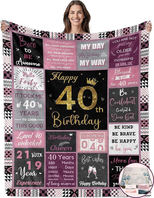 40th Birthday Gifts for Women, 40th Birthday Blanket with Gift Box for Women, Gifts for 40th Birthday, Happy 40 Birthday Gift Ideas for Her, 40th Birthday Gifts Throw Blanket 60"x50"