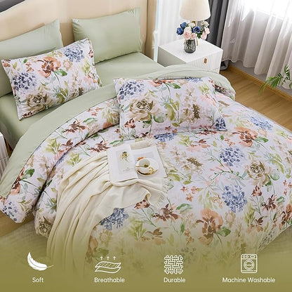 Luxudecor Floral Comforter Set Queen Size 7 Pieces Bed in a Bag, Green Flower Watercolor Bed Set, Soft Comforter with Sheet Set 90"x90"