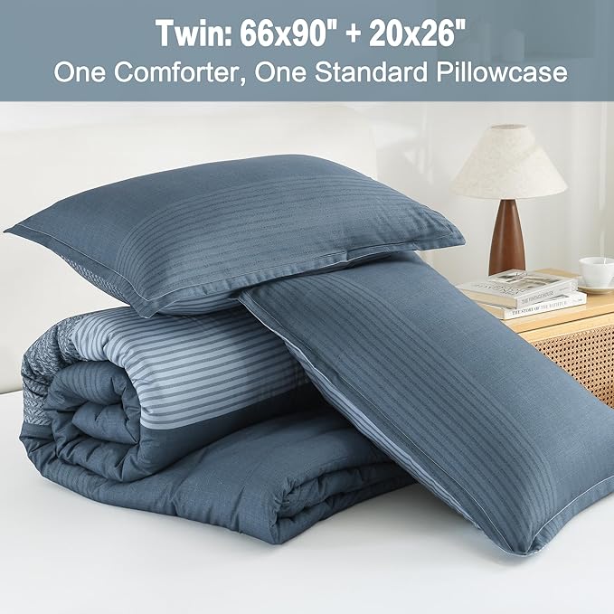 Litanika Comforter Set, Lightweight Colorblock Stripes Bedding Comforter Set, Fluffy Down Alternative Bed Set, Haze Blue, Twin/Twin XL