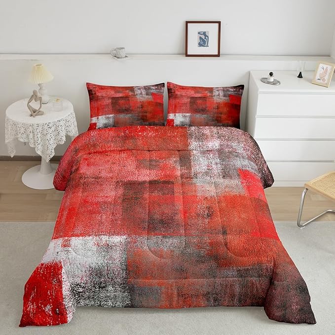 Erosebridal Red Grey Ombre Comforter Set for Kids Teens Youth,Watercolor Bedding Set Full Size,Abstract Oil Painting Bedding Comforter Sets,Mid Century Contemporary Duvet Insert with 2 Pillowcases