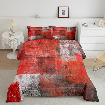 Erosebridal Red Grey Ombre Comforter Set for Kids Teens Youth,Watercolor Bedding Set Full Size,Abstract Oil Painting Bedding Comforter Sets,Mid Century Contemporary Duvet Insert with 2 Pillowcases