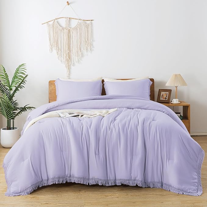 Andency Comforter King Size Bed Set Lavender, Purple 3 Pieces Boho Lightweight Winter Bedding Comforters & Sets, All Season Soft Tassel Bed Set (104x90In Comforter & 2 Pillowcases)