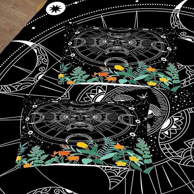 Tailor Shop Celestial Bedding Queen Size,Sun and Moon Bedding for Boys Girls Kids Teens,Galaxy Comforter,Gothic Comforter Witchy Comforter Boho Exotic Black Bed with 2 Pillowcases, Yh-sun and Moon 19