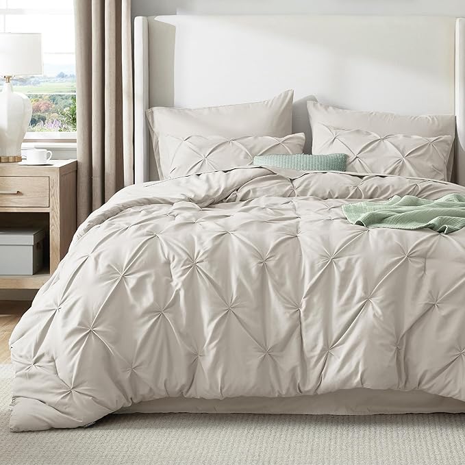 Bedsure King Comforter Set Linen - Bed in a Bag Bedding Set 7 Pieces, GentleSoft™ Pintuck Bed Set Gift for Family, Pinch Pleat All Season Comforter with Sheets, Pillowcases & Shams