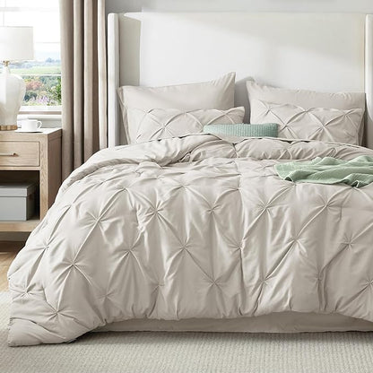 Bedsure California King Comforter Set Linen - Bed in a Bag Cal King 7 Pieces, GentleSoft™ Pintuck Bed Set Gift for Family, Pinch Pleat All Season Comforter with Sheets, Pillowcases & Shams