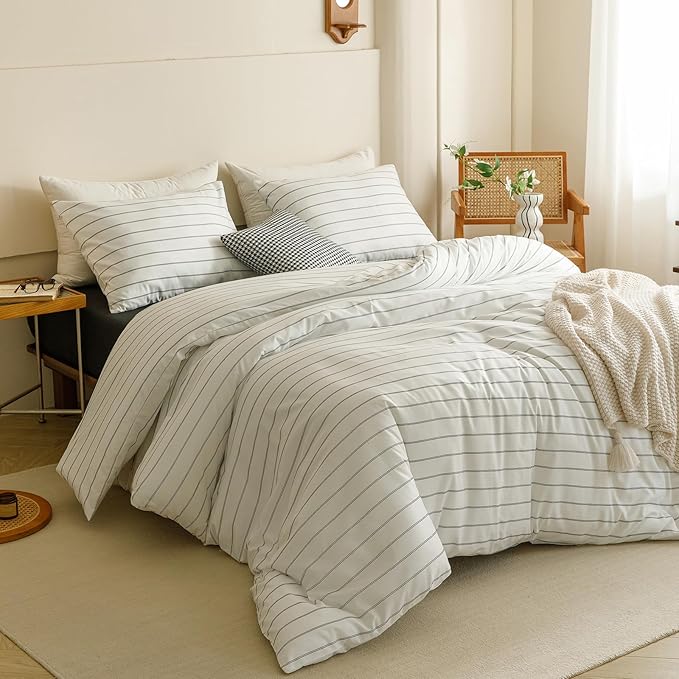 CLOTHKNOW Striped Full Size Comforter Sets White Black Bedding Comforter Sets White Full Comforter Farmhouse Bedding Comforter Soft