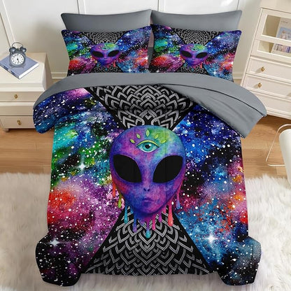 Nesker 7 Pcs Comforter Set Queen Size, Trippy Tie Dye Alien Abstract Bedding Set for Kids and Adults, Psychedelic Space Hippie Sheets Bed Sheet Sets with Fitted Sheet 2 Pillowcases & 2 Shams