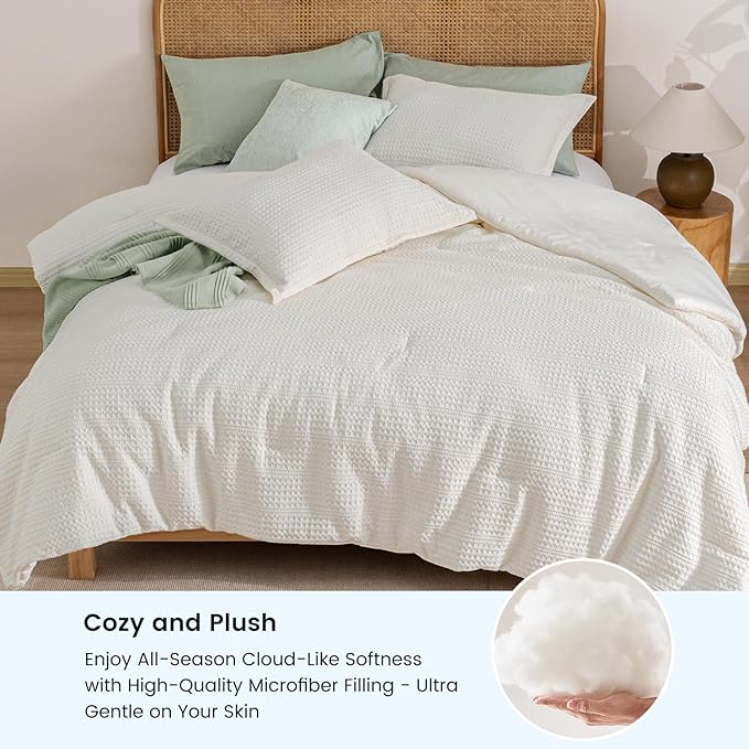 PHF Soft Waffle Comforter Set Queen Size- Comfy Breathable Waffle Weave Comforter with 2 Pillow Shams, 3 Pieces Less Snagging Lightweight Textured Bedding Set for All Season, Cream