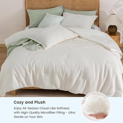 PHF 3 Pieces Cream Waffle Weave Comforter Set King Size - Ultra Soft Textured Waffle Comforter with 2 Pillow Shams, Lightweight Breathable Comfy Bedding Set for All Season, Cream