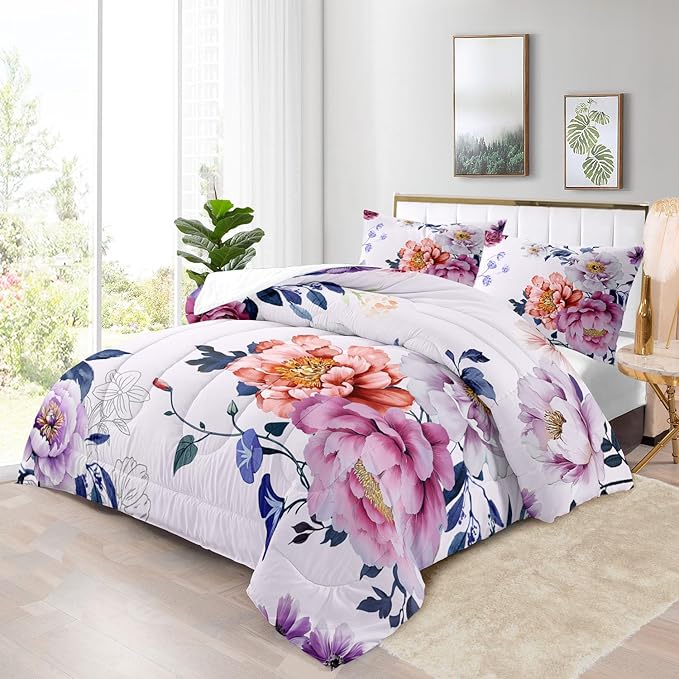 Raphus Cucullatus Purple & Pink Floral Comforter Set: Twin Size, Pretty Botanical Bed Set With Pink Flower & Quilt