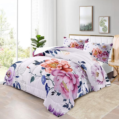 Raphus Cucullatus Purple & Pink Floral Comforter Set: Twin Size, Pretty Botanical Bed Set With Pink Flower & Quilt