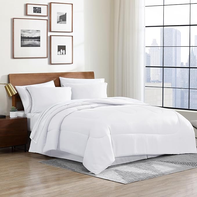 Cathay Home Basic Bedding Home Essential Ultra Soft Lightweight 6PC Wrinkle Resistant Microfiber Bed in a Bag Set (Includes Complete Sheet Set, Comforter Set & Bedskirt) - Twin, White