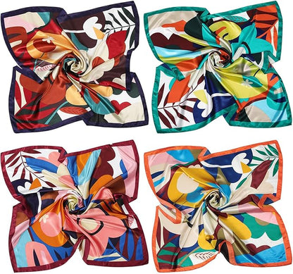 AWAYTR 35” Satin Large Square Head Scarves - 4PCS Silk Like Neck Scarf Hair Sleeping Wraps Satin Silk Scarfs for Women