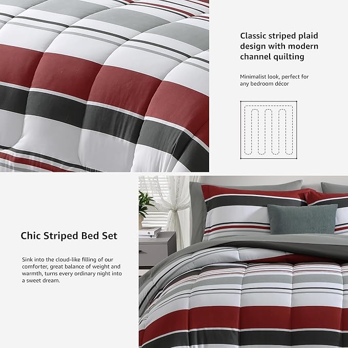 Monbix King Size Comforter Set - 7 Pieces Bed in a Bag King, Red and Black-Stripe Bedding Sets, All Seasons Comforter Bed Set with Sheets, Pillowcases & Shams