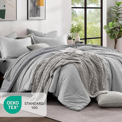 Monbix Queen Comforter Set - 7 Pieces Cationic Dyeing Light Grey Bed in a Bag Queen Bedding Sets with Comforter, Sheets, Pillowcases & Shams, Reversible Bedding Comforters Sets
