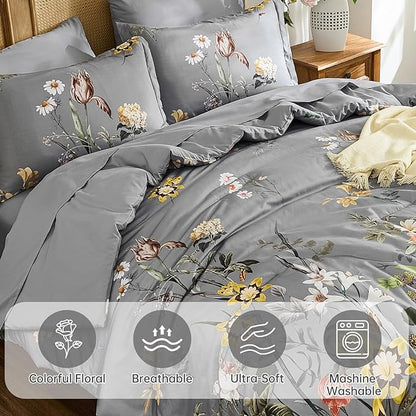WONGS BEDDING Queen Comforter Set 7 Piece, Grey Floral Bed in a Bag Bedding Set with Botanical Flowers Patterns, Soft Lightweight Complete Comforters with Sheets for All Season
