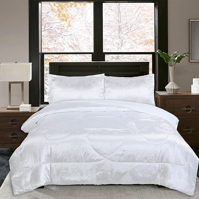 Queen Comforter Set - All Season Bed Comforter Set, 3 Piece Satin Silk Blanket, Luxury White Jacquard Quilt, Soft Bedding Sets With Matching 2 Pillow Shams (Full/Queen, 88x88 inches)