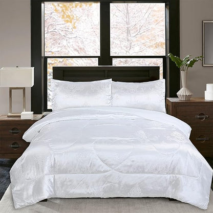 White King Size Comforter Set, 3pcs Silk Jacquard Ultra Soft Bed Comforter Set, Lightweight Quilt Blanket for King Bed (104x90inches)