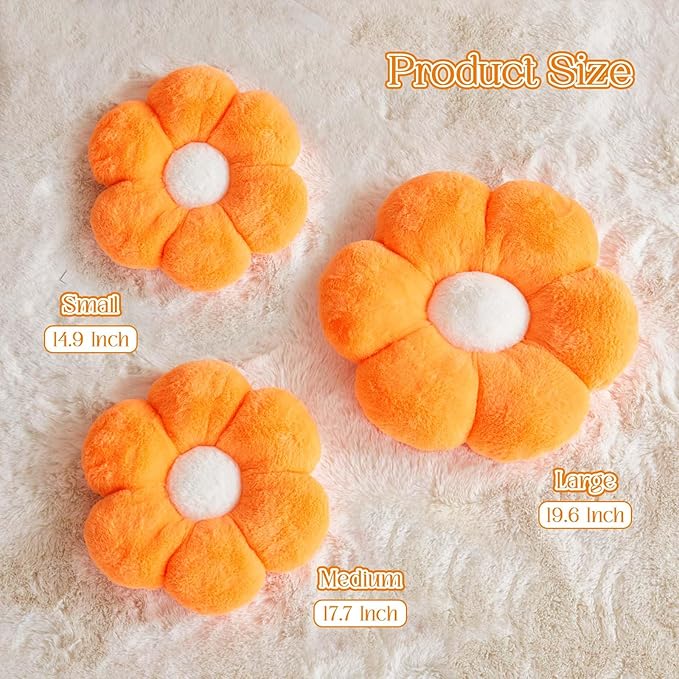 Flower Pillow Cute Decorative Throw Pillow with Faux Rabbit Fur Soft Daisy Plush Floor Cushion Aesthetic Flower Shaped Pillow Home Decor for Bed Sofa Couch (Orange 19.6 Inch)