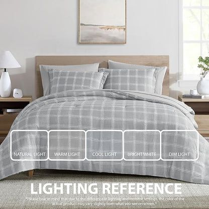 Cathay Home Basic Bedding Home Essential Ultra Soft Lightweight 7PC Wrinkle Resistant Microfiber Bed in a Bag Set (Includes Complete Sheet Set & Comforter Set) - Grey Plaid, King