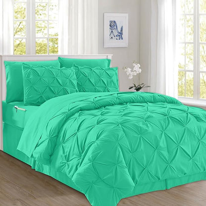 Elegant Comfort 8-Piece Pinch Pleated Comforter Set - All Season Complete Bed in a Bag, Includes 4pc Smart Sheet Set, Bed Skirt, Comforter, Matching Pillowcases and Shams, Full/Queen, Paradise Teal