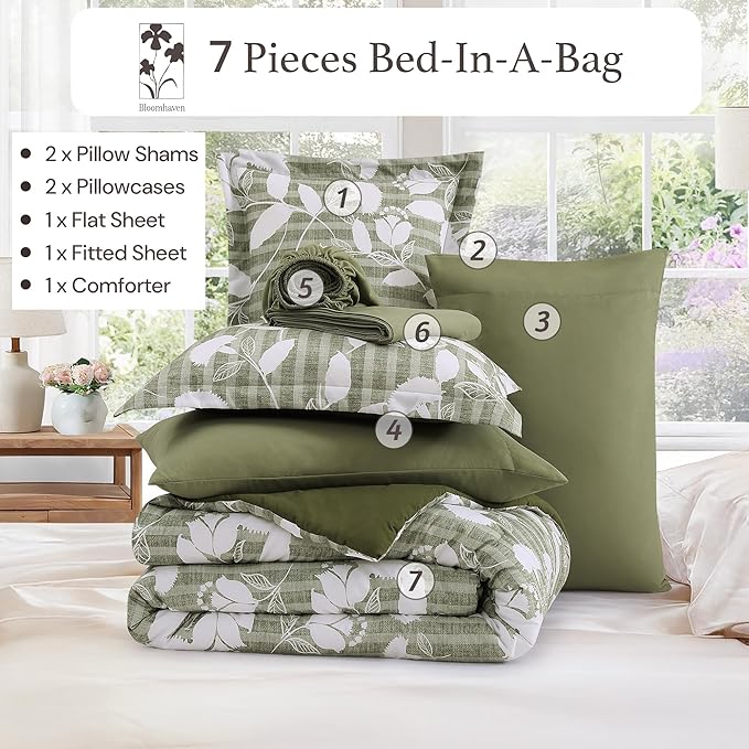King Comforter Set -7 Pieces Olive Green Floral Comforter Set for All Seasons, Bed in a Bag King with Botanical Flowers Comforter, Sheets, Pillowcases & Shams