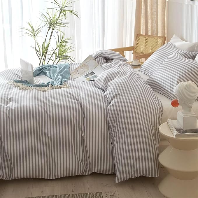 mixinni Striped Comforter Set Full Size - Grey White Stripes Pattern Bedding Set for Women and Men, 3 Pieces Lightweight Bed Sets for All Seasons (1 Soft Fluffy Comforter + 2 Pillowcases)