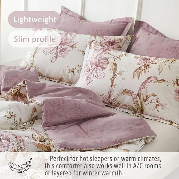 Floral Cotton Comforter Queen Size 3Pcs - Pink Flowers on Botanical Textured Beige Front, Mauve Taupe Back, Reversible Lightweight Bedding Sets with Soft Fill(Queen, 90"×90")