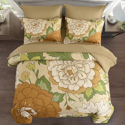 DJY Floral Comforter Set Queen Size Boho Bed in a Bag 7 Pieces Yellow Botanical Pattern Comforter with Sheet Set, Soft Microfiber Farmhouse Bedding Set for All Season (90''x90'')