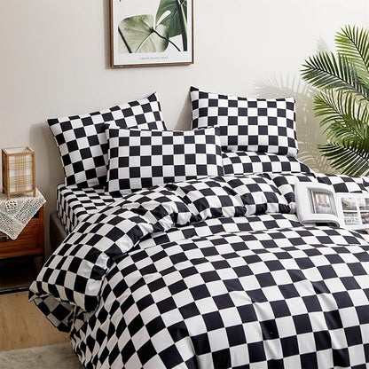 CLOTHKNOW Black White Plaid Full Size Comforter Sets Grid Bedding Comforter Sets Soft Checkered Comforter with 2 x Pillow Cases