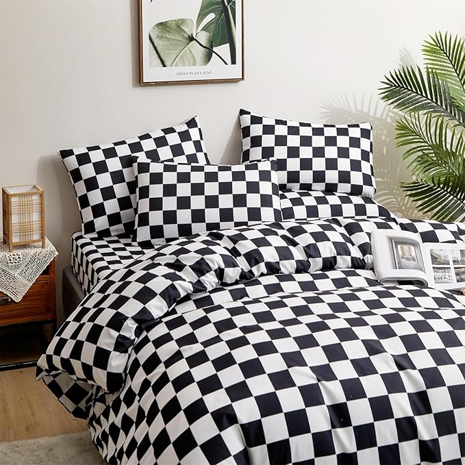 CLOTHKNOW Black White Grid Twin Comforter Sets Plaid Bedding Comforter Sets Soft Checker Black and White Comforter with 2 x Pillow Cases